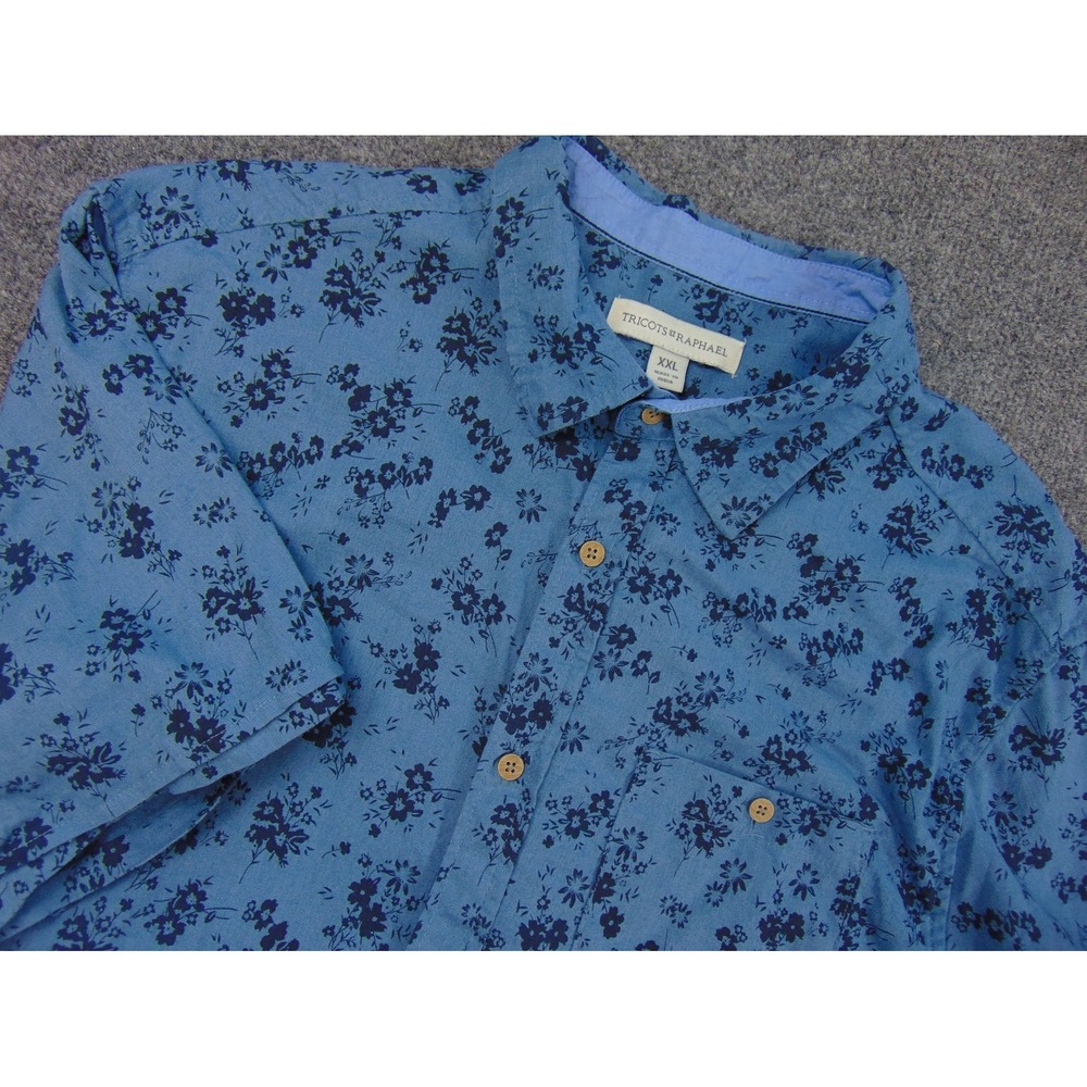 Tricots St‎ Raphael Shirt Men 2XL Blue Floral Short Sleeve Button Up Summer
